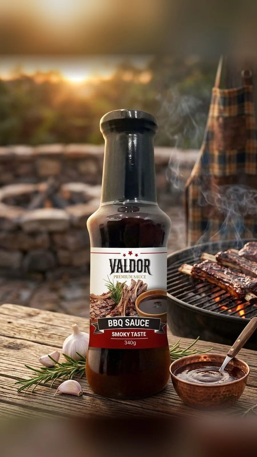 Valdor sauces on the table: ketchup with fries, barbecue by the fire, tarator with falafel